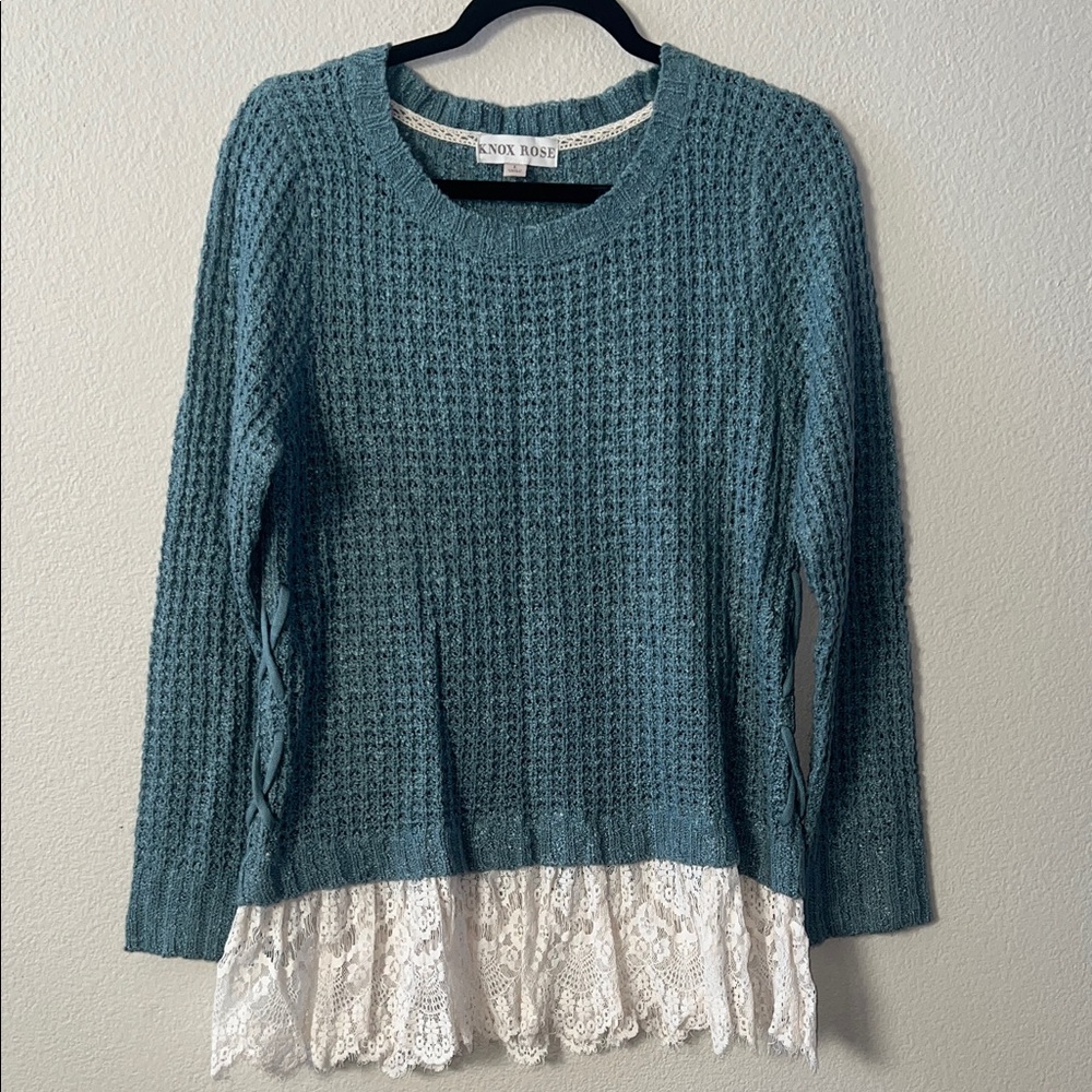 Knox Rose Women's Teal Knit Sweater with Lace Hem